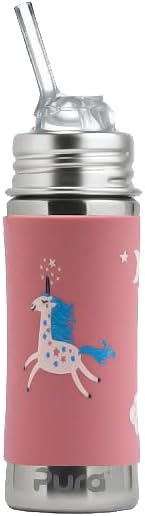 Pura Kiki 11oz/325ml Stainless Steel Straw Bottle w/Sleeve, 100% Plastic-Free, MadeSafe Certified, 100% Medical-Grade Silicone Straw for Kids, Toddlers, Preschoolers, Babies & Infant - New Unicorn