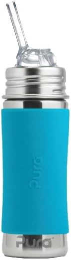 Pura Kiki 11oz/325ml Stainless Steel Straw Bottle w/Sleeve - 100% Plastic-Free, MadeSafe Certified, 100% Medical-Grade Silicone Straw for Kids, Toddlers, Preschoolers, Babies & Infant - New Aqua