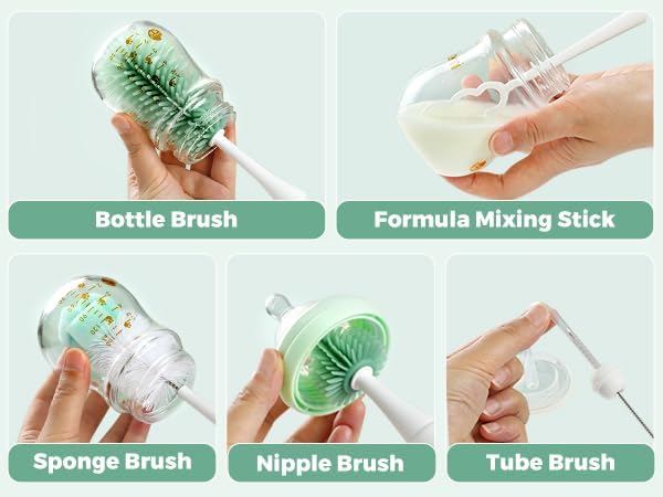 Momcozy 7 in 1 Electric Bottle Brush Kit, Portable Cleaning Set with Formula Mixer, Silicone Brush, Nipple Brush, Straw Brush, Soap Dispenser, Drying Rack - Long Battery Life for Home & Travel