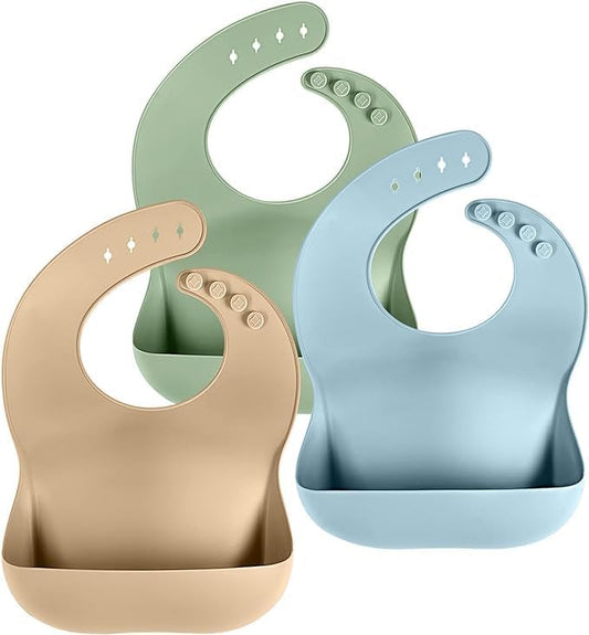 Cuddle Campus Set of 3 Silicone Bibs for Babies & Toddlers,Soft Adjustable Bibs with Pocket Food Catcher for Baby Girl,Boy