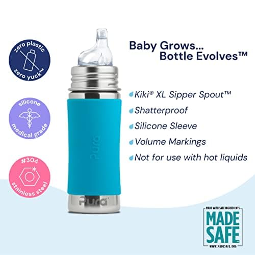 Pura Kiki 11oz/325ml Stainless Steel Sippy Cup Bottle w/Sleeve, Plastic-Free, MadeSafe Certified, Medical-Grade XL Silicone Sipper Spout Fast Flow for Kids, Toddlers, Babies & Infant - Moss
