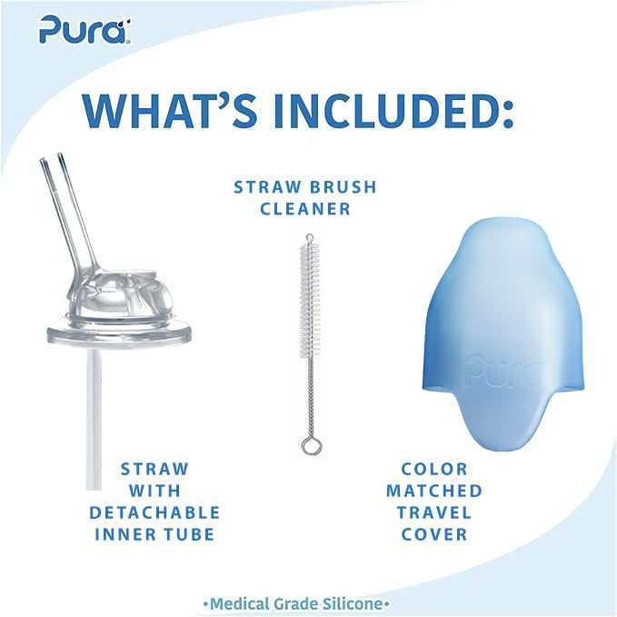 Pura Kiki 11oz/325ml Stainless Steel Straw Bottle w/Sleeve - 100% Plastic-Free, MadeSafe Certified, 100% Medical-Grade Silicone Straw for Kids, Toddlers, Preschoolers, & Infant - New Aqua Swirl