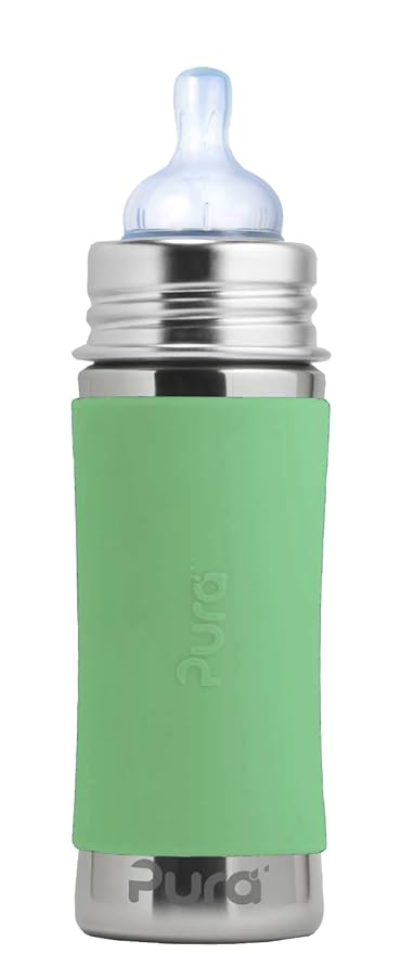 Pura Kiki 9oz/275ml Stainless Steel Infant Bottle w/Sleeve, Anti-Colic, Medical-Grade Silicone, Medium-Flow Nipple, for Babies 3 Months & Up (Moss)
