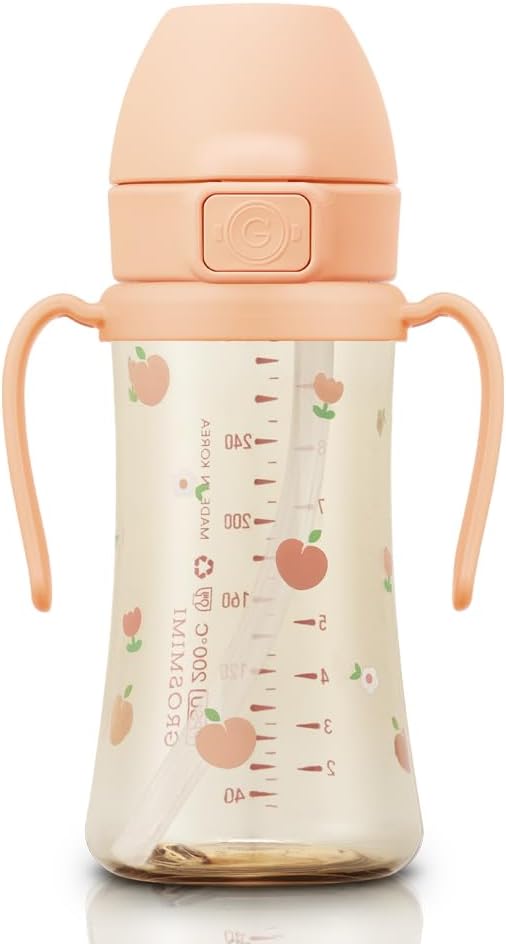 GROSMIMI Flip Top Spill Proof Sippy Cup, PPSU, BPA Free, 10 oz, Stage 2 Straw for Toddlers (Peach flower)