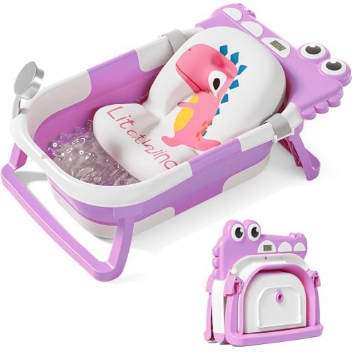 TPN Collapsible Baby Bathtub, Baby Bath Tub with Soft Cushion & Real-Time Thermometer, Baby Bathtub Infant to Toddler Tub (0-36 Months), Portable Travel Baby Tubs for Newborns (Lavender)