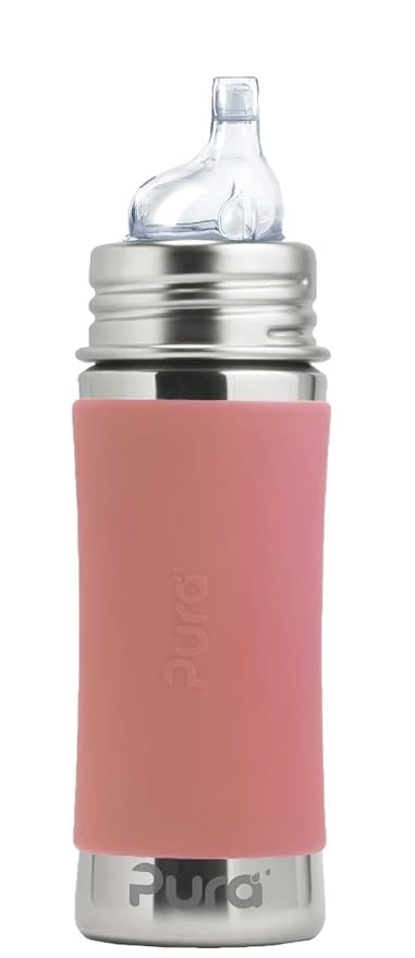 Pura Kiki 11oz/325ml Stainless Steel Sippy Cup Bottle w/Sleeve, Plastic-Free, MadeSafe Certified, Medical-Grade XL Silicone Sipper Spout Fast Flow for Kids, Toddlers, Babies & Infant - Rose Sleeve