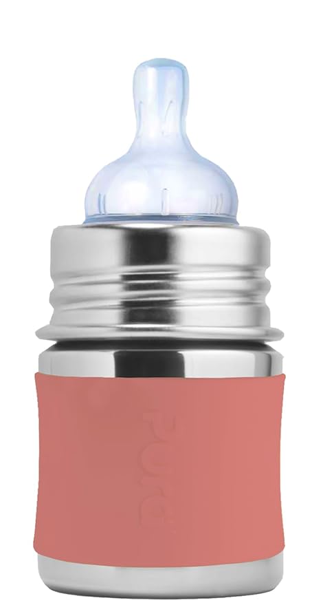 Pura Kiki 5oz/150ml Stainless Steel Anti-Colic Infant Bottle w/Silicone Natural Vent Nipple & Sleeve, 100% Plastic-Free, MadeSafe Certified, Medical-Grade Silicone - Rose Sleeve