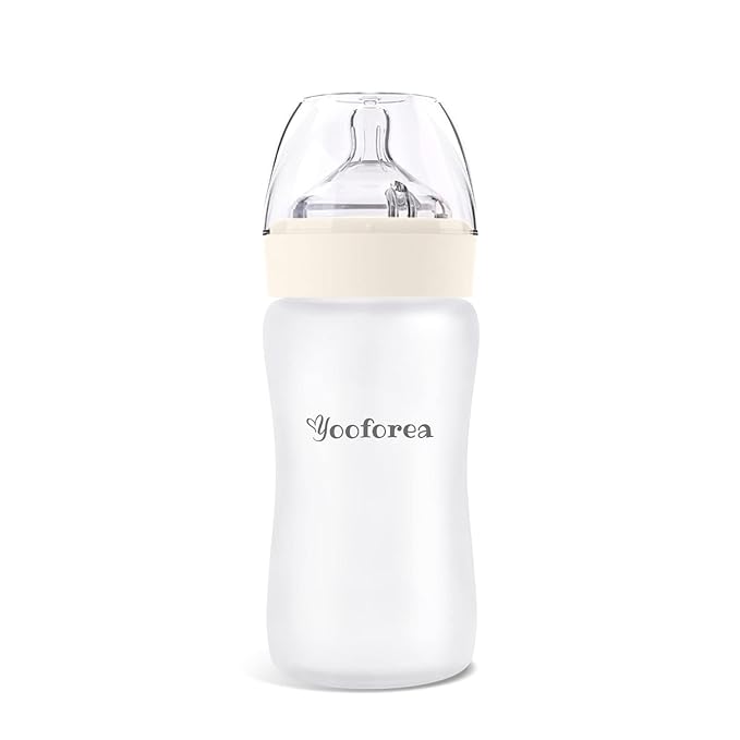 Yooforea Silicone Coated Glass Baby Bottle, 6M+ Fast Flow Nipple I Anti-Colic, Wide Neck, Stable Base I Medical-Grade Silicone Coating for Shatter Protection, BPA BPS PVC Free (9 Ounce-Cream)