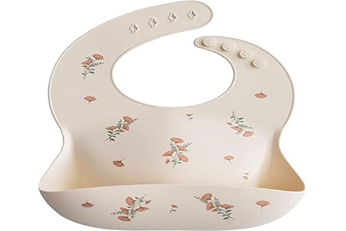 mushie Silicone Baby Bib | Adjustable Fit Waterproof Bibs (Pink Flowers)