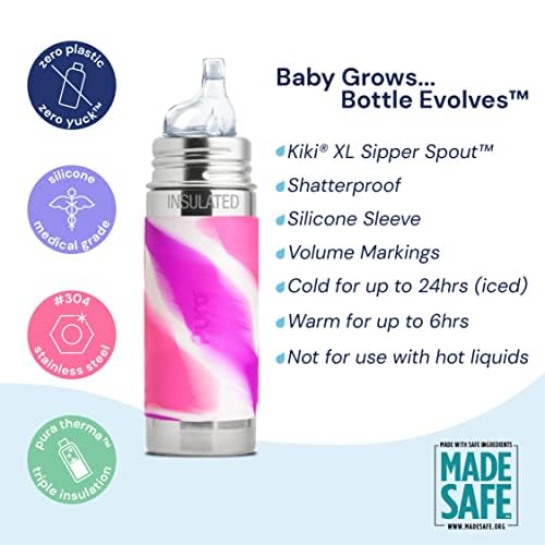 Pura Kiki 9oz/260ml Stainless Steel Insulated Sippy Bottle w/Sleeve, Plastic-Free, MadeSafe Certified, Medical-Grade Silicone Sipper Spout Fast Flow Rate for Kids, Toddlers, Babies & Infant – Unicorn