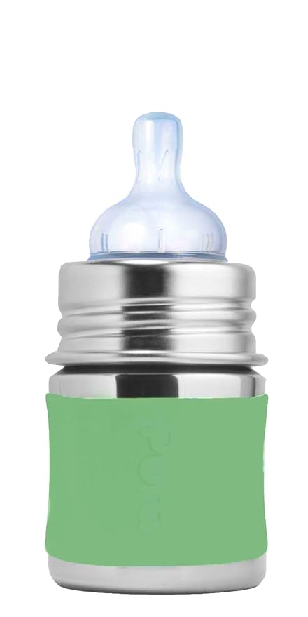 Pura Kiki 5oz/150ml Stainless Steel Anti-Colic Infant Bottle w/Silicone Natural Vent Nipple & Sleeve, 100% Plastic-Free, MadeSafe Certified, Medical-Grade Silicone - Moss Sleeve