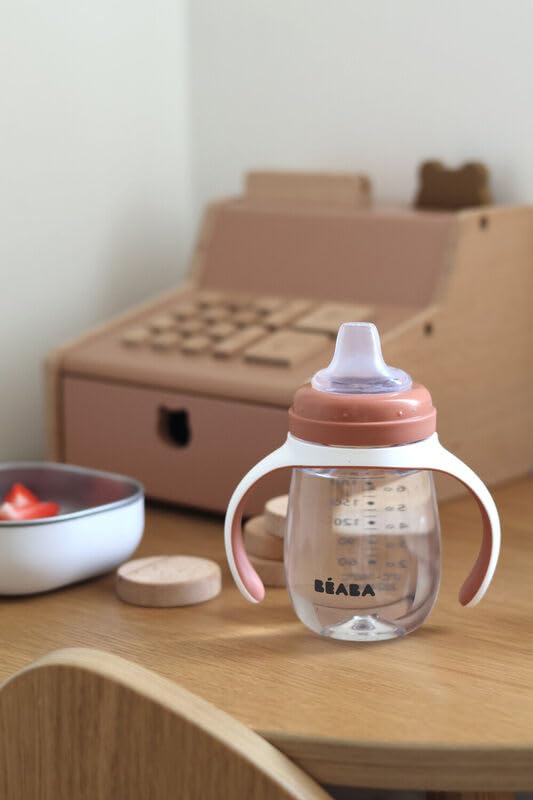 BEABA 2-in-1 Baby Bottle to Transition Sippy Cup, No Spill Sippy Cup, Includes Removable Handles, Silicone Baby Bottle Nipple and Soft Spout, 7 oz Terracotta