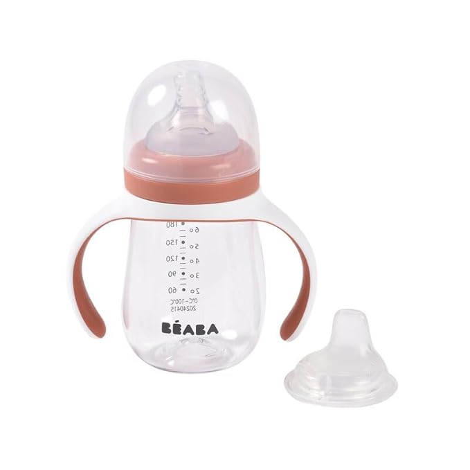 BEABA 2-in-1 Baby Bottle to Transition Sippy Cup, No Spill Sippy Cup, Includes Removable Handles, Silicone Baby Bottle Nipple and Soft Spout, 7 oz Terracotta