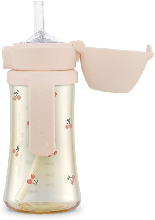 GROSMIMI Flip Top Spill Proof Sippy Cup, PPSU, BPA Free, 10 oz, Stage 2 Straw for Toddlers (Cherry)