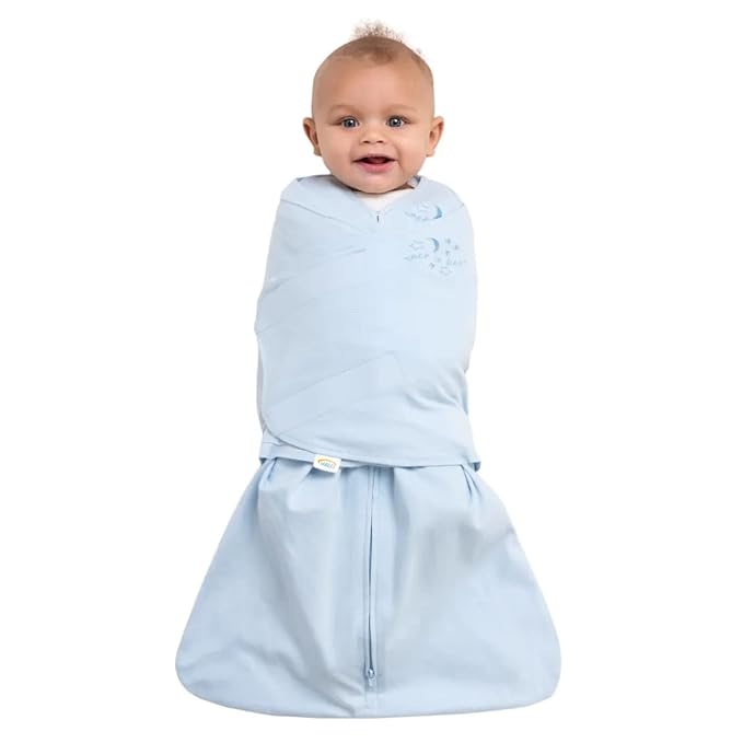 HALO 100% Cotton Sleepsack Swaddle, 3-Way Adjustable Wearable Blanket, TOG 1.5, Baby Blue, Small, 3-6 Months