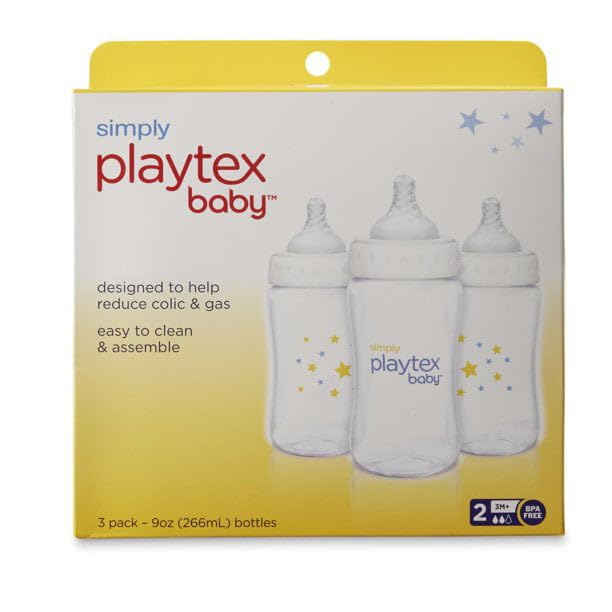 Playtex Baby Simply Playtex Complete Tummy Comfort Baby Bottles, 9 Oz (3 Count), Anti-Colic & Anti-Reflux Bottles for Newborn and Breastfeeding Babies, Feeding Essentials