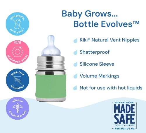 Pura Kiki 5oz/150ml Stainless Steel Anti-Colic Infant Bottle w/Silicone Natural Vent Nipple & Sleeve, 100% Plastic-Free, MadeSafe Certified, Medical-Grade Silicone - Moss Sleeve