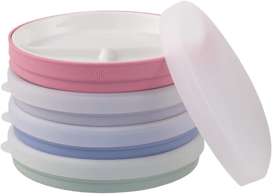 Elk and Friends Kids 7.8” Porcelain Divided Plates with Silicone Sleeves + Lids | Suitable for Babies/Kids/Toddlers | Microwave & Dishwasher Safe | Non Slip | Snack Dishes
