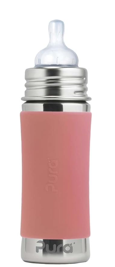 Pura Kiki 9oz/275ml Stainless Steel Infant Bottle w/Sleeve, Anti-Colic, 100% Plastic-Free, MadeSafe Certified, Medical-Grade Silicone, Medium-Flow Nipple, for Babies 3 Months & Up (Rose)