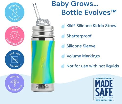 Pura Kiki 11oz/325ml Stainless Steel Straw Bottle w/Sleeve - 100% Plastic-Free, MadeSafe Certified, 100% Medical-Grade Silicone Straw for Kids, Toddlers, Preschoolers, Babies & Infant - New Rose