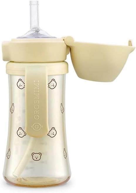 GROSMIMI Flip Top Spill Proof Sippy Cup, PPSU, BPA Free, 10 oz, Stage 2 Straw for Toddlers (Bear)