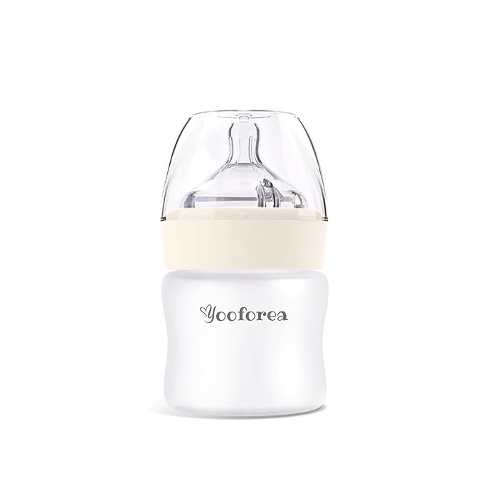 Yooforea Silicone Coated Glass Baby Bottle, 0M+ Slow Flow Nipple I Anti-Colic, Wide Neck, Stable Base I Medical-Grade Silicone Coating for Shatter Protection, BPA BPS PVC Free (3 Ounce-Cream)