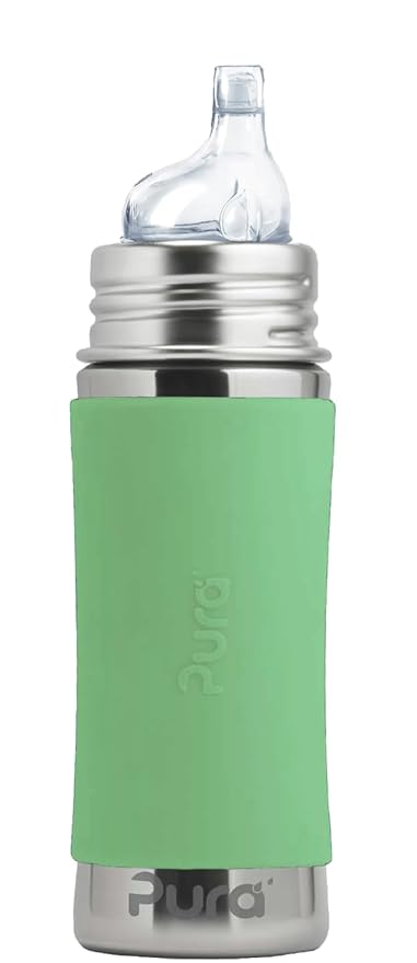 Pura Kiki 11oz/325ml Stainless Steel Sippy Cup Bottle w/Sleeve, Plastic-Free, MadeSafe Certified, Medical-Grade XL Silicone Sipper Spout Fast Flow for Kids, Toddlers, Babies & Infant - Moss