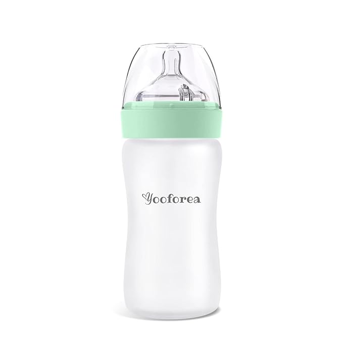 Yooforea Silicone Coated Glass Baby Bottle, 6M+ Fast Flow Nipple I Anti-Colic, Wide Neck, Stable Base I Medical-Grade Silicone Coating for Shatter Protection, BPA BPS PVC Free (9 Ounce-Tea)