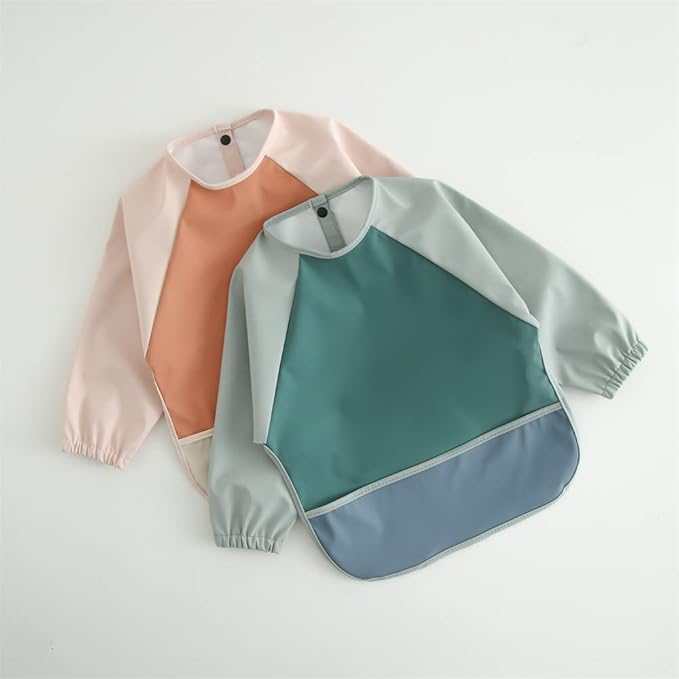 GZMM Waterproof Baby Bibs,Infant Toddler Long Sleeve Feeding Bib With Food Catcher,Wipe Clean & Washable