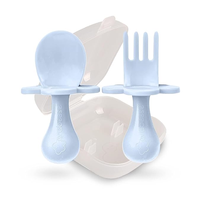 Grabease Baby Spoon & Fork Set with Case - Ergonomic Baby Utensils for Tiny Hands - Short Spoons for Self-Feeding - Training Fork for Toddlers - Ice Blue, Pack of 1