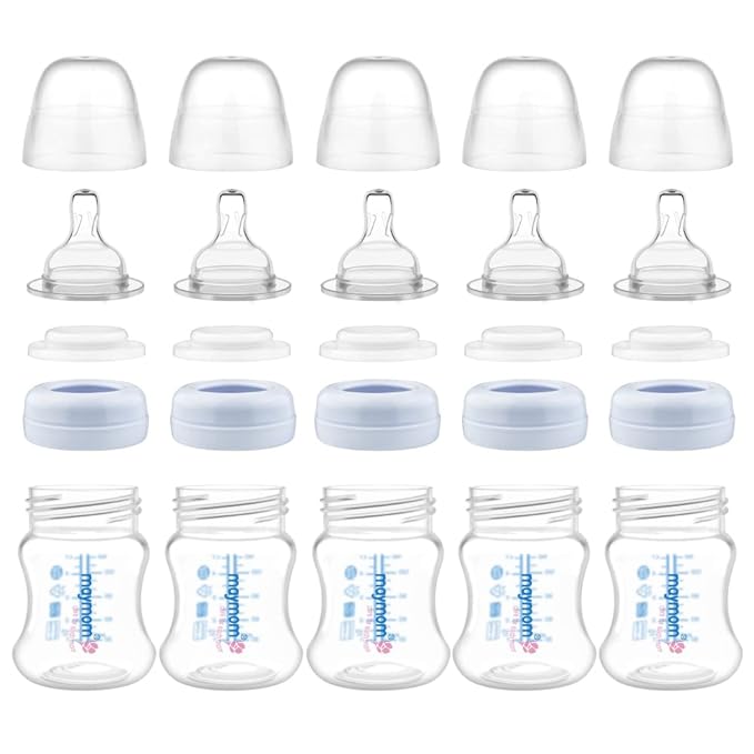 Maymom Wide-Mouth Milk Storage Feeding Collection Bottle with Nipple, Dome Cap, Bottle Top, SureSeal Sealing Disk; Compatible with Spectra Pump/Motif Luna; 5 pc (4.7Oz/140mL)