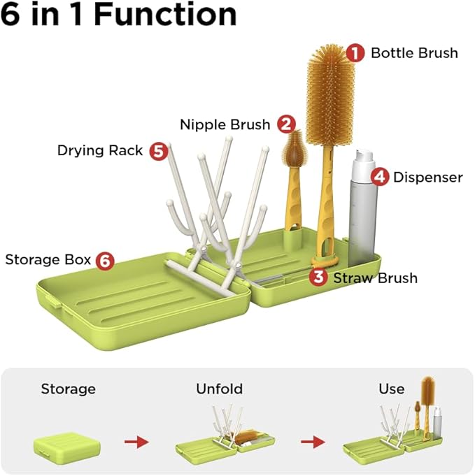 YOTIME Travel Bottle Brush, Travel Bottle Cleaner Kit with Foldable Bottle Drying Rack, for Visit Friends and Relations, Baby Travel Essentials, BPA Free, Green