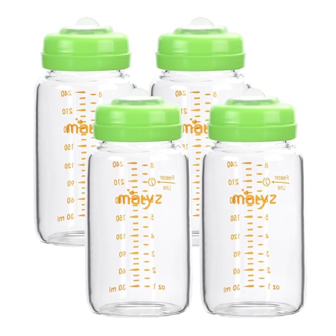 Matyz Glass Breastmilk Storage Containers, 4 Pack, 8 oz Bottle, Compatible with Spectra Medela Philips Pump - Freezer Safe Bottles Set - Leakproof Glass Breast Pump Bottles - No BPA (Green Lids)