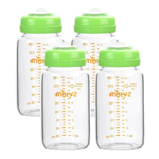 Matyz Glass Breastmilk Storage Containers, 4 Pack, 8 oz Bottle, Compatible with Spectra Medela Philips Pump - Freezer Safe Bottles Set - Leakproof Glass Breast Pump Bottles - No BPA (Green Lids)