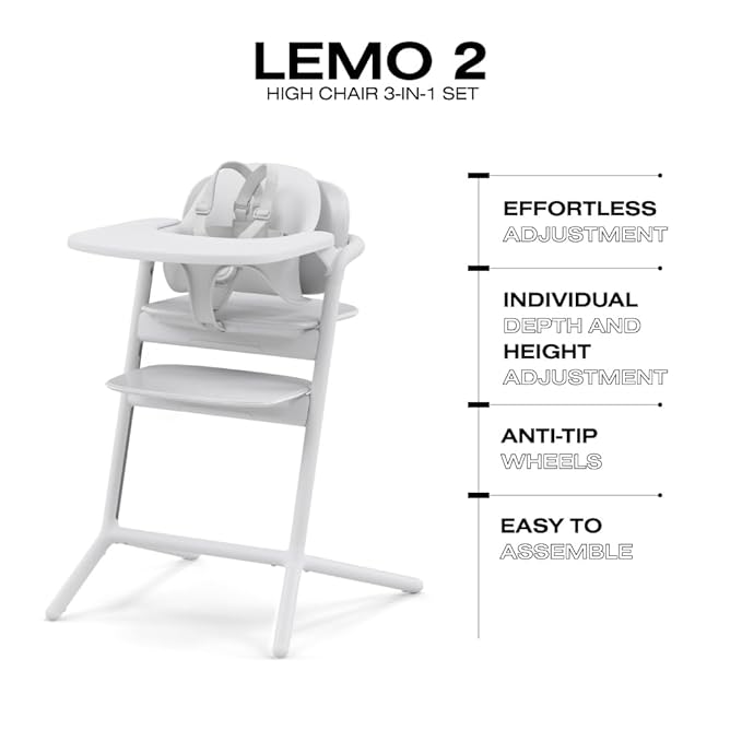 Cybex LEMO High Chair 3-in-1 Set with Baby Set + Snack Tray - Modern Design, One-Hand Depth & Height Adjustment & Anti-Tip Wheels - from 6 Months, Convertible to Adult Chair, All White