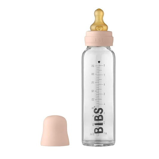 BIBS Baby Glass Bottle Complete Set 225 ml | BPA Free Natural Rubber | Made in Denmark | Blush