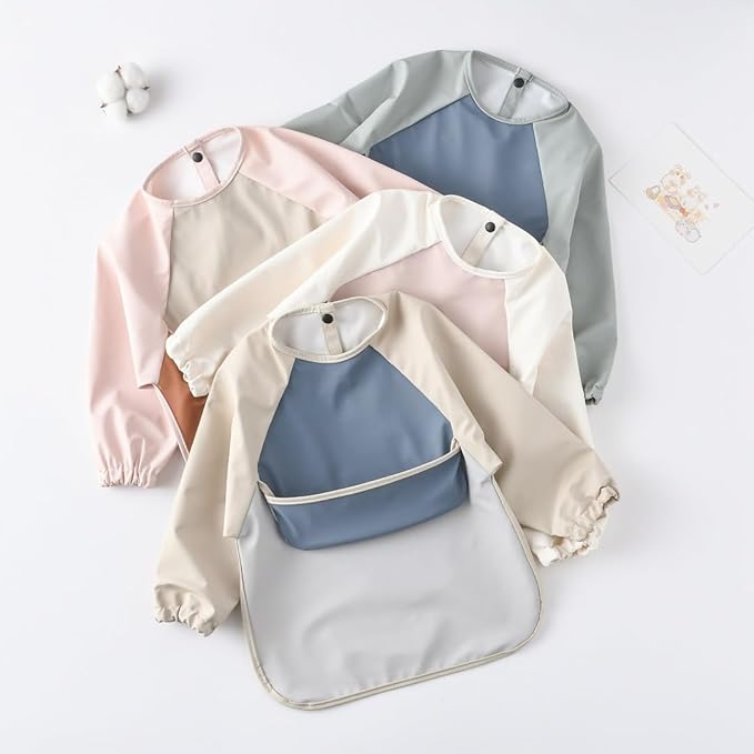 GZMM Waterproof Baby Bibs,Infant Toddler Long Sleeve Feeding Bib With Food Catcher,Wipe Clean & Washable