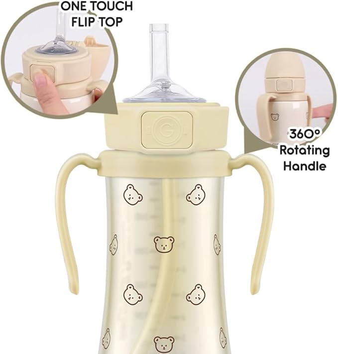 GROSMIMI Flip Top Spill Proof Sippy Cup, PPSU, BPA Free, 10 oz, Stage 2 Straw for Toddlers (Bear)