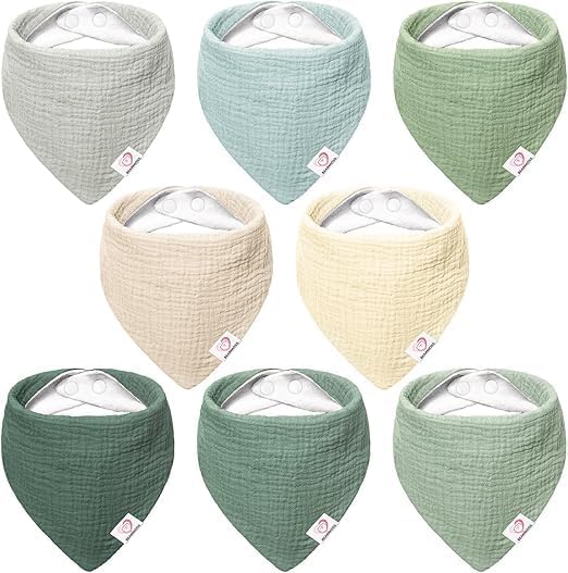 Bearmoss Muslin Baby Bibs 8 Pack Soft Bandana Bibs for Drooling & Teething, Absorbent Burp Cloths with Adjustable Snaps