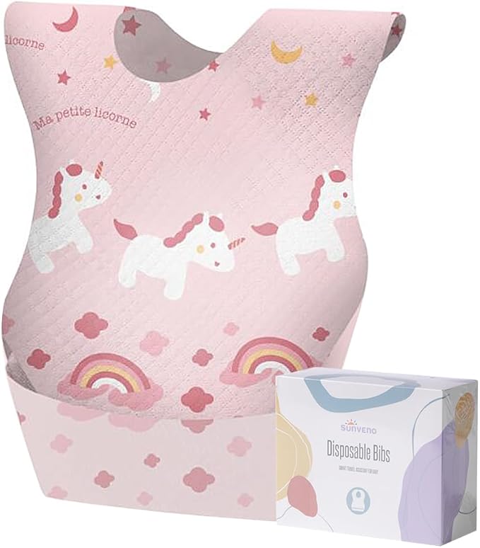 SUNVENO Disposable Baby Bibs with Crumb Catcher Pocket, Leakproof Liner, Adjustable Adhesive Tabs, Individually Wrapped