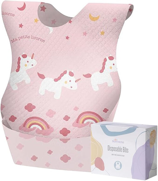 SUNVENO Disposable Baby Bibs with Crumb Catcher Pocket, Leakproof Liner, Adjustable Adhesive Tabs, Individually Wrapped