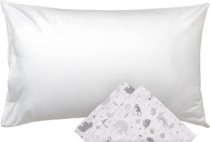 WeeSprout Toddler Polyester Organic Cotton Shell and Pillowcases, Small Kids Pillow, Soft and Supportive Polyfiber Filling, Machine Washable, 18 x 13 x 3 (White + Safari Print, 3 Piece Set)