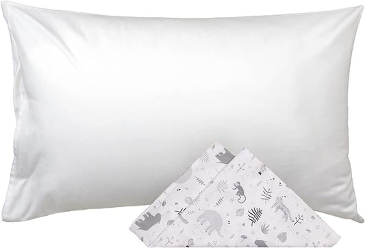 WeeSprout Toddler Polyester Organic Cotton Shell and Pillowcases, Small Kids Pillow, Soft and Supportive Polyfiber Filling, Machine Washable, 18 x 13 x 3 (White + Safari Print, 3 Piece Set)