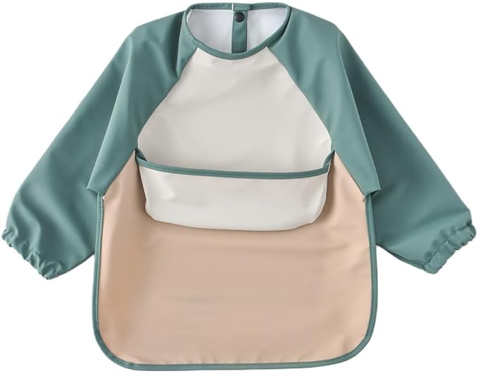 GZMM Waterproof Baby Bibs,Infant Toddler Long Sleeve Feeding Bib With Food Catcher,Wipe Clean & Washable
