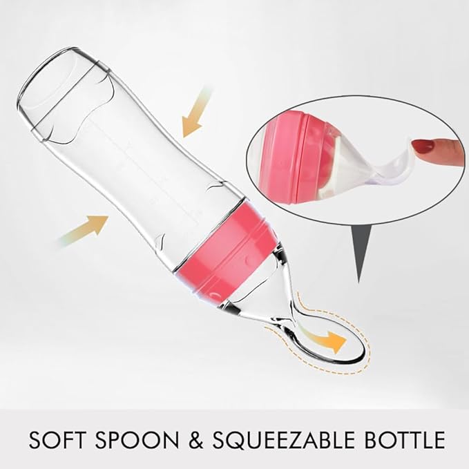 Matyz Silicone Baby Food Dispensing Spoon (Pink, 4oz / 120ml) Squeeze Feeder with Spoon - Spoon Bottle for Baby - Baby Spoon Feeder Bottle Baby Solid Food Feeder - Ideal for 4 Months+ Babies