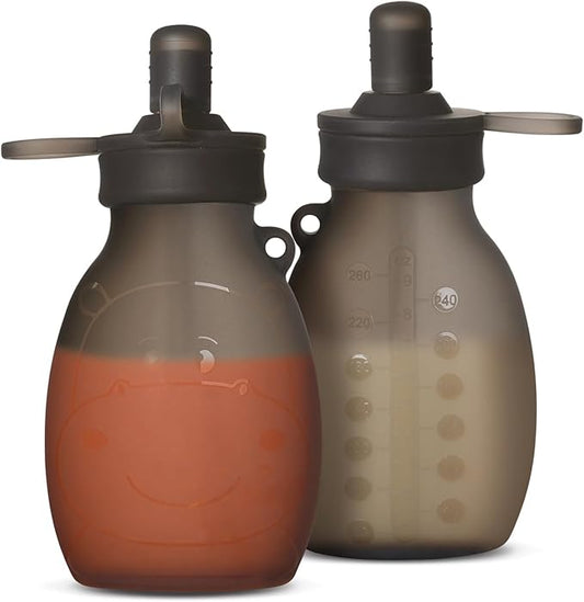 haakaa Hippo Wide Opening Silicone Goody Pouch – Reusable Pouches for Toddlers, Reusable Baby Food Pouches with Wide Neck for Quick Filling & Cleaning, 9oz, 2 Pack, (Grey)