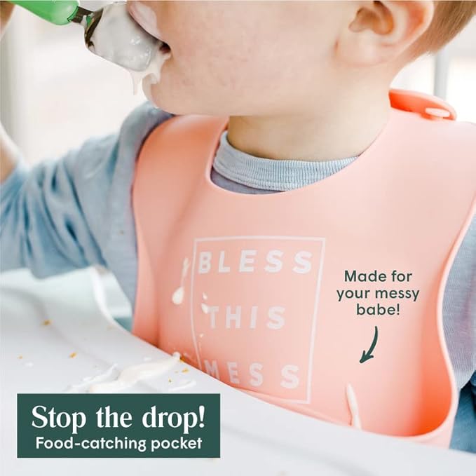 Simka Rose Silicone Baby Bibs with Food Catcher - Adjustable Soft Catch All Bib for Boys & Girls - High Chair Dining Table
