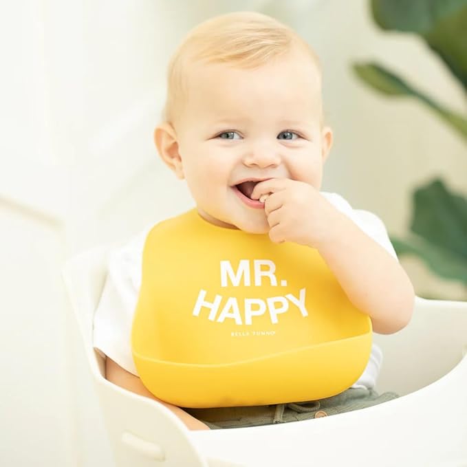 Baby Bib for Eating by Bella Tunno, Waterproof Silicone Bib with Large Food Catcher, Adjustable Fit for Babies 4-12 months & Toddlers 1-3 Years, Boys & Girls, Mr Happy