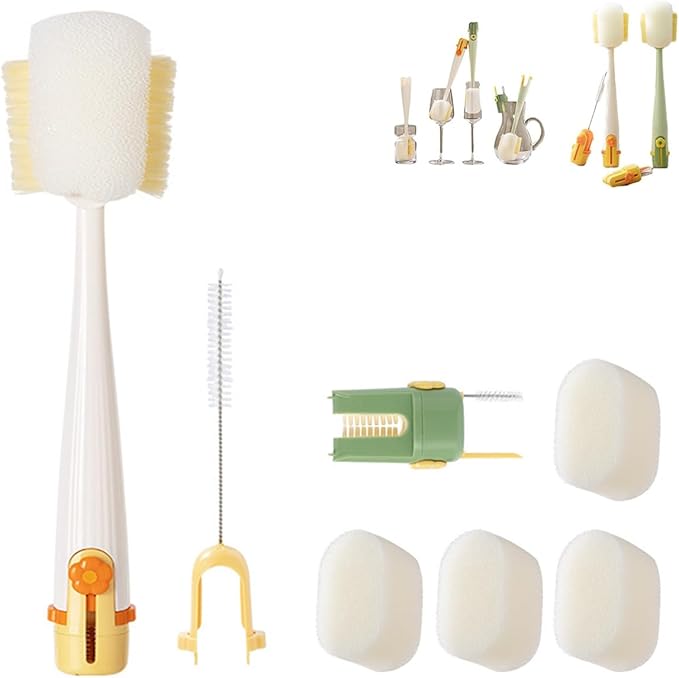 5 in 1 Bottle Cleaning Brush Set, Multifunctional Bottle Cleaning Brush Set, Water Bottle Cleaner Brush, Straw Cleaner Brush for Baby Bottles, 3 Replacement Sponge Brush Heads (White)