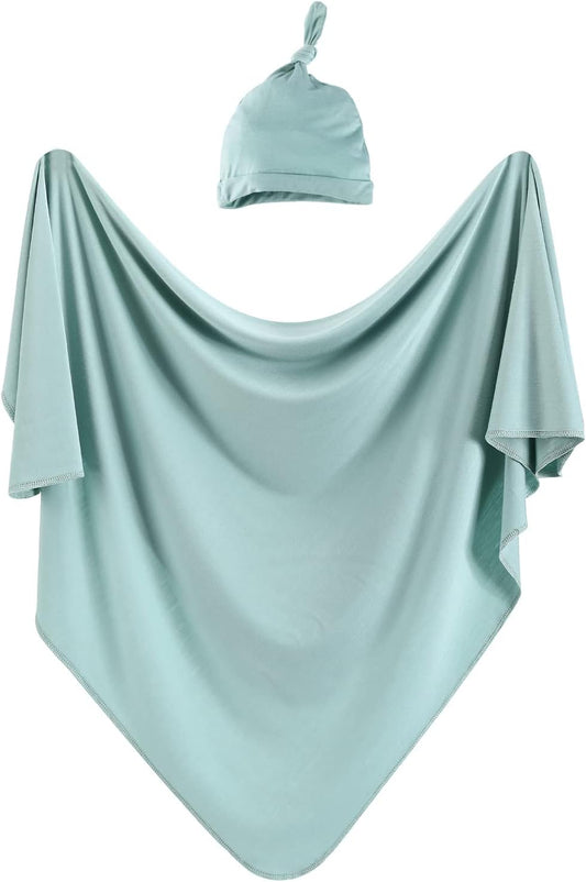 iEvolve Cotton Knitted Baby Swaddle Blanket with Hat Headband Set Newborn Swaddle Wrap Receiving Blankets for Baby Girl Boy 35" x 35"(LightGreen)